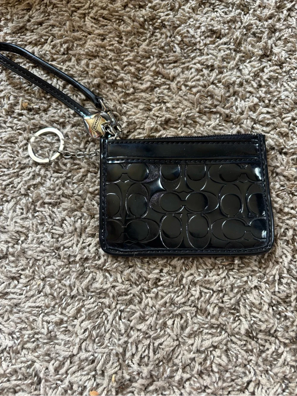 Coach Black Patent Logo Wristlet Card Case with Key Ring